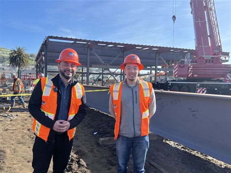 Mayor Eddie and Councilmember James Coleman in hard hats at the construction of the new pool